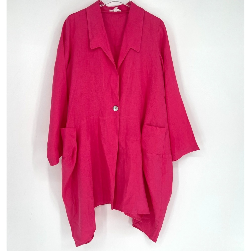 LUUKAA Linen Blazer Women 12 Pink Lagenlook Oversized Artsy Relaxed Tunic Jacket